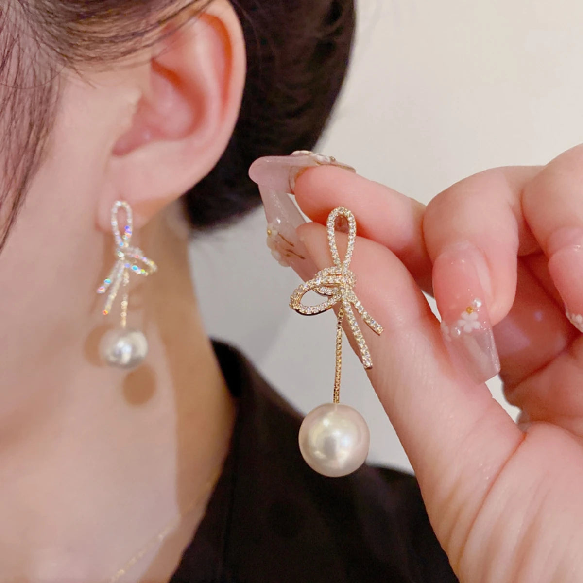Silver Bow Pearl & Diamond Earrings - R&N 