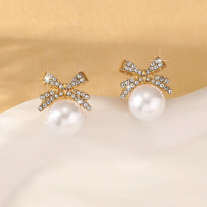 Silver Bow Pearl & Diamond Earrings - R&N 