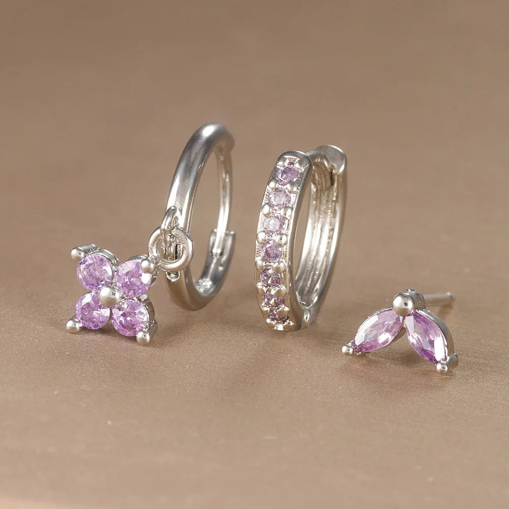 3PCS Trendy Stainless Steel Flower Drop Earring Set For Women Crystal Zirconia Dangle Earring Hypoallerg Piercing Jewelry aretes