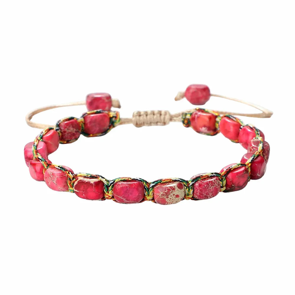 Adjustable bracelet with pink natural stone beads and multicolor braided cord