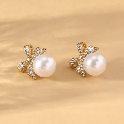Silver Bow Pearl & Diamond Earrings - R&N 